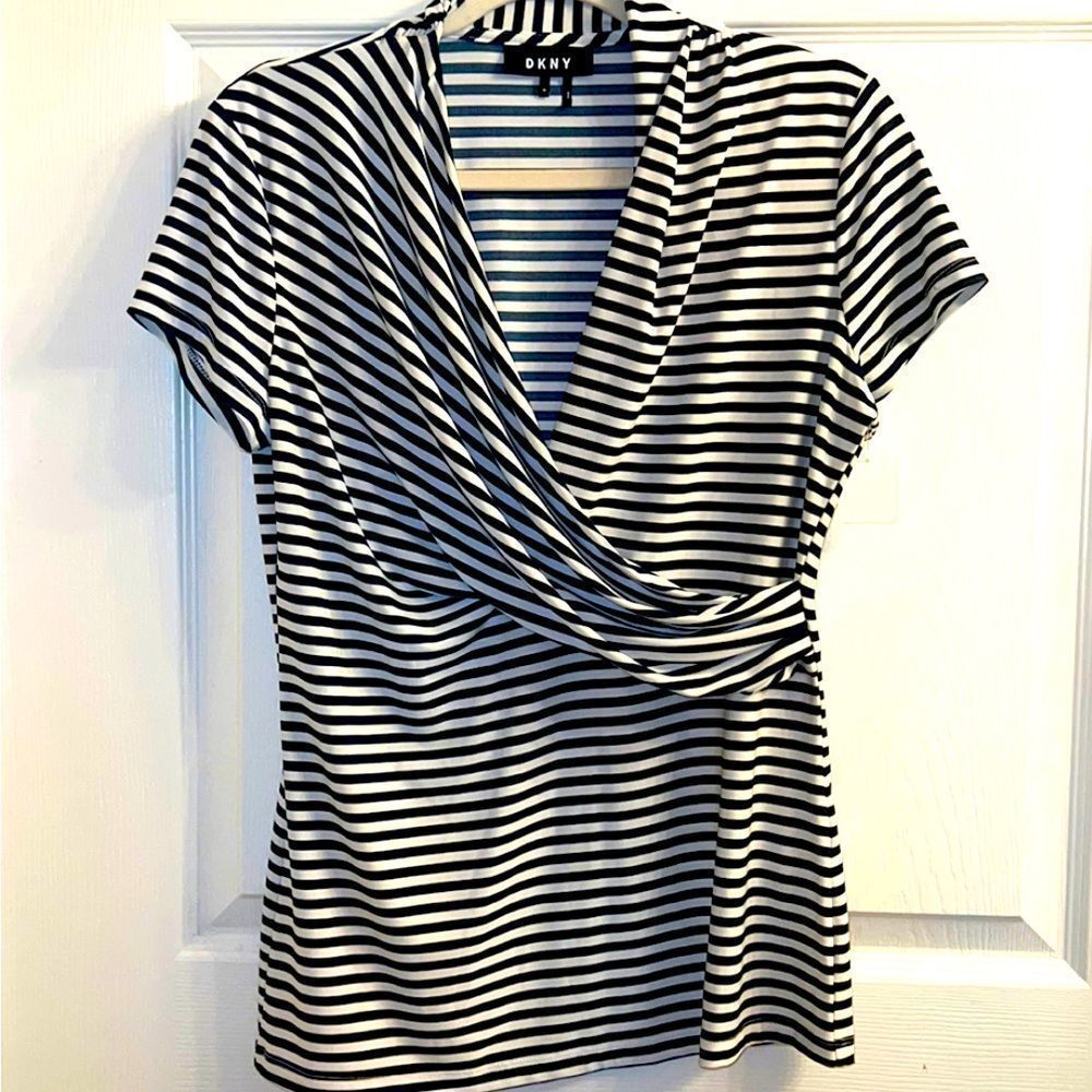Dkny Tops | Dkny Short Sleeve Faux Wrap Blouse | Color: Blue /White | Size: M